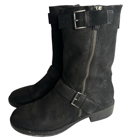 Eileen Fisher Log Harness Moto Biker Leather Mid-Calf Boots Size 8 - Picture 1 of 10
